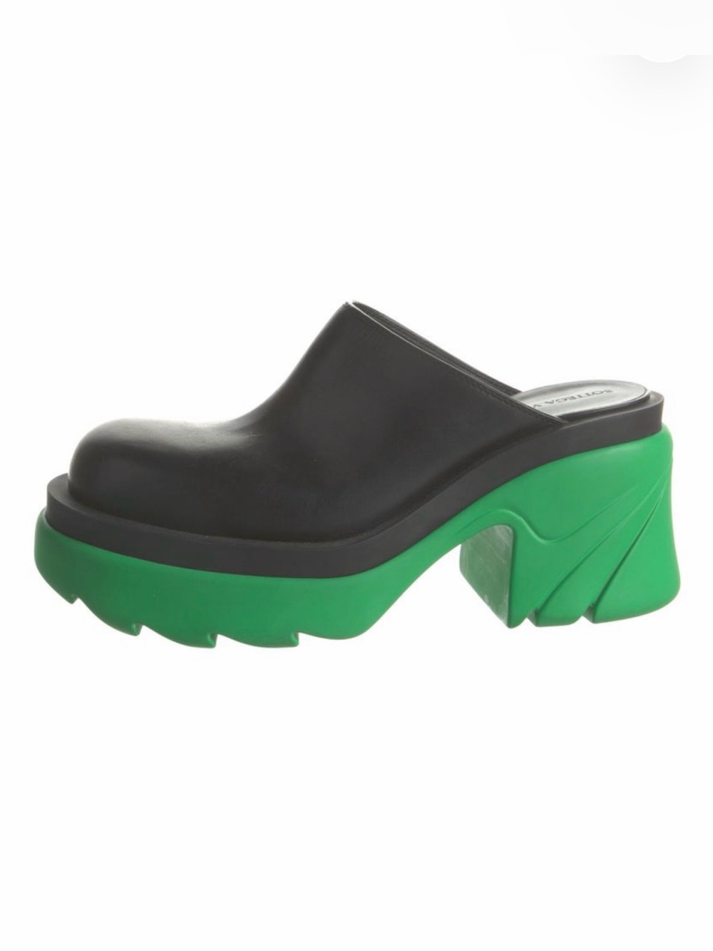 Bottega Veneta Black Leather Mule with Green Platform Sole